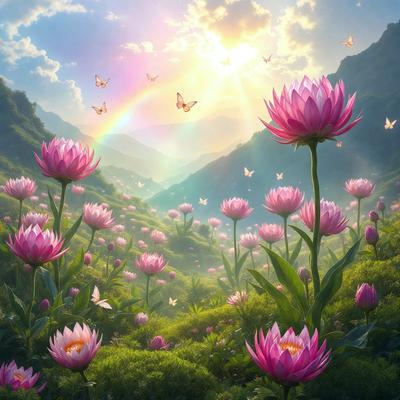 The primary subject of the image is a field of flowers, predominantly pink and purple, with a few white flowers. The setting is a lush green hillside, with a mountainous background. The visual style is a digital art or illustration, creating a vibrant and colorful scene. The colors and mood of the image are predominantly warm and cheerful, with the flowers and the sunlight creating a sense of happiness and tranquility.